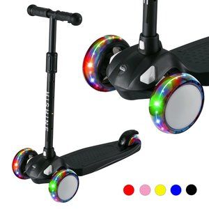 Hishine Kick Scooter for Kids with 3 Light Up Wheels and Adjustable Height for 2